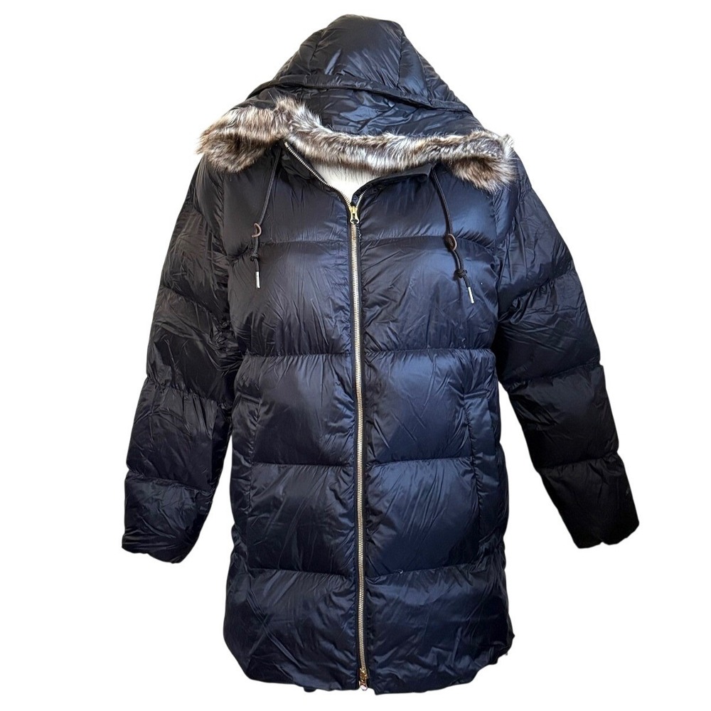 Eddie Bauer Womens Black Down Puffer Coat Faux Fur Trim Hood Winter XL X-Large